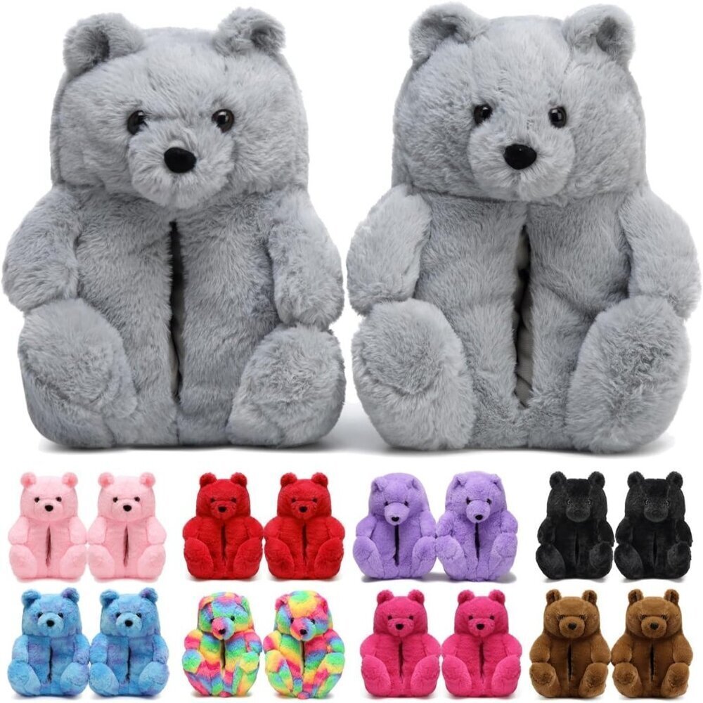 Women's Cute Fuzzy Grey Teddy Bear Slippers Cozy Cartoon Indoor Shoes